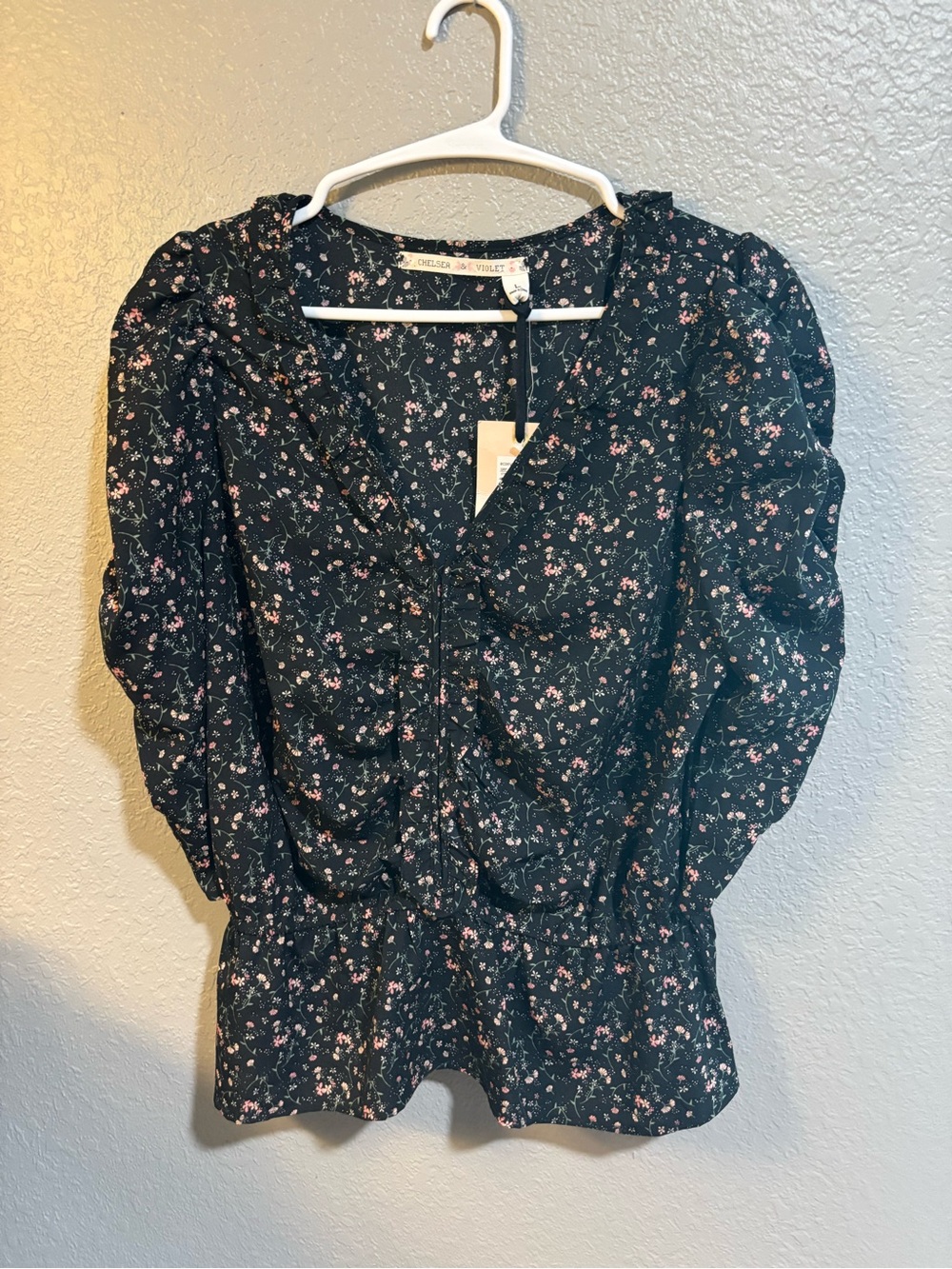 Chelsea & Violet Black Floral Peplum Top NWT
